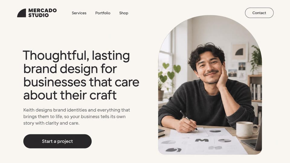 Graphic design portfolio website design, brand designer in an arched portrait: warm off-white page, a smiling man sketching logo ideas at a desk inside an arched frame, a large charcoal sans headline, a black pill button