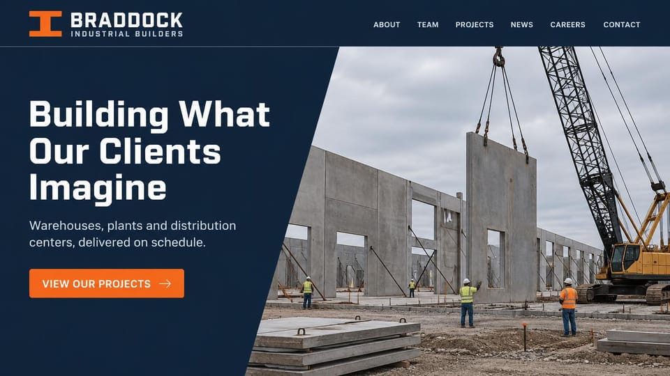 Construction website design, industrial builder raising tilt-up walls: navy page, a crawler crane lifting a concrete tilt-up wall panel with workers in vests below, a bold white headline and an orange button