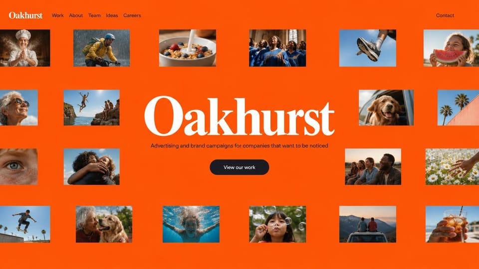 Agency website design, advertising agency with a wall of photos: bright orange page, a large white serif wordmark and a grid of colorful lifestyle photos around it