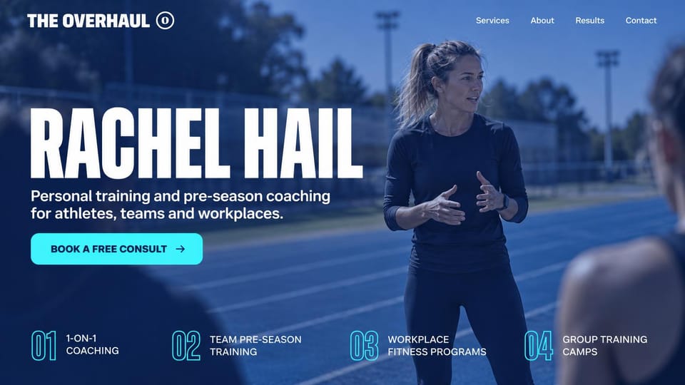 Personal trainer website design, pre-season coaching for athletes and teams in bold blue: blue-tinted photo of a coach talking to athletes on a running track, a giant white condensed name, a cyan consult button, four services with outlined numbers