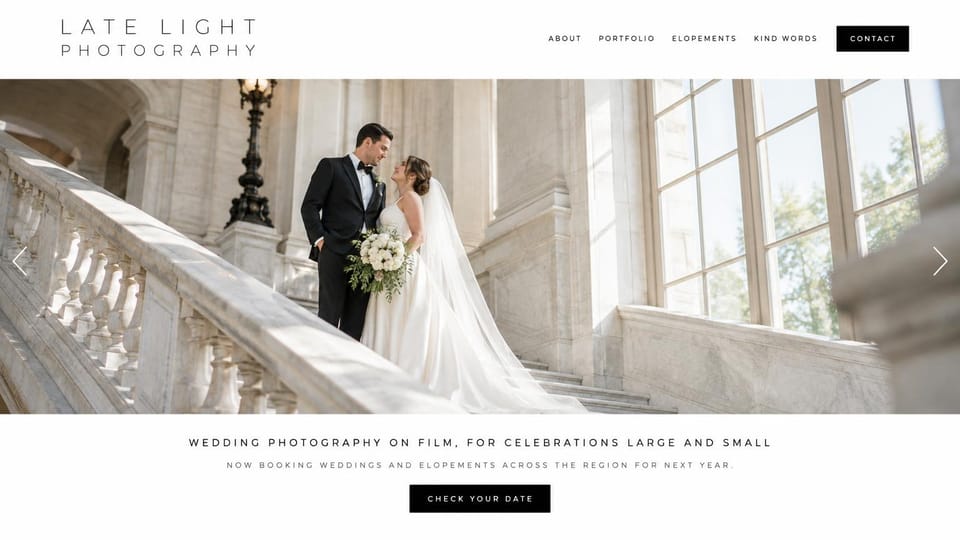 Photography website design, wedding on film, light and classic: white page, a couple on a marble staircase in a wide photo, a spaced serif line and a black check your date button