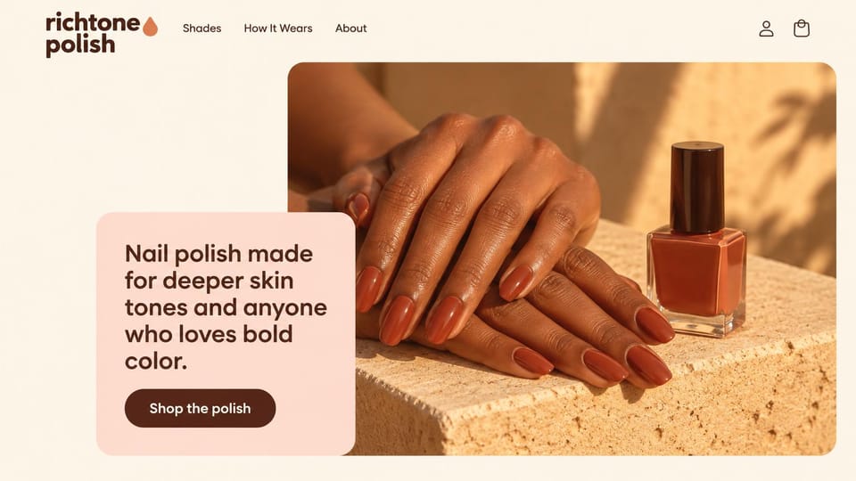 Landing page website design, nail polish brand with a text card over the photo: cream page, a peach card with a deep brown headline and brown pill button over sunlit hands with burnt orange nails and a polish bottle
