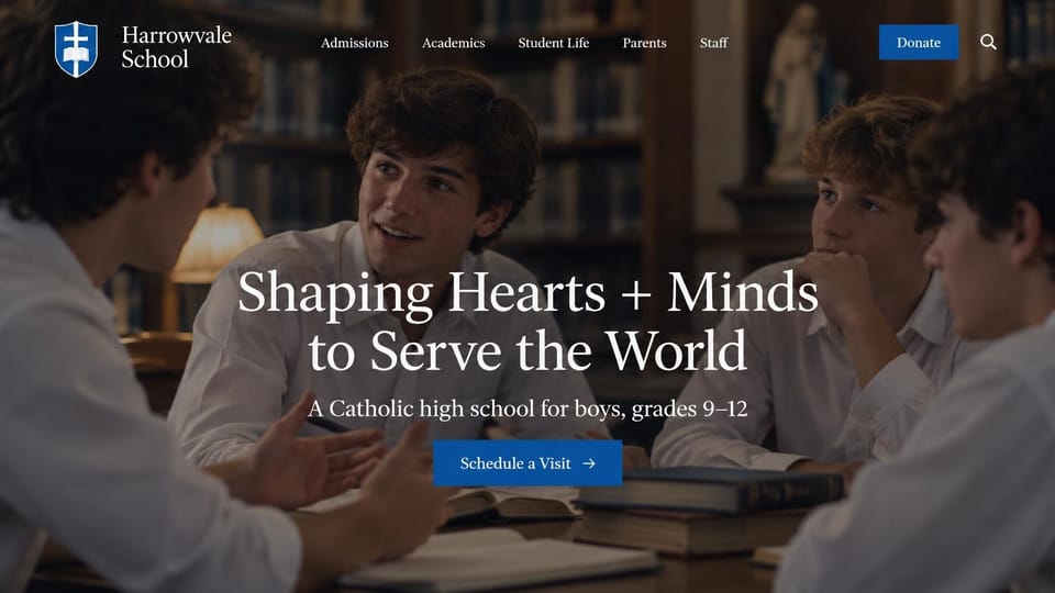 School website design, catholic boys' high school with a library discussion: dark warm photo of boys in white shirts talking around a library table, a centered white serif headline, a blue visit button and a shield crest