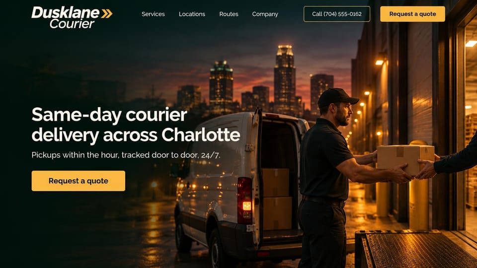 Logistics website design, city courier with a handoff at dusk: dark page, a dusk photo of a courier handing a box at a lit doorway beside a van with a city skyline behind, white headline, gold quote button