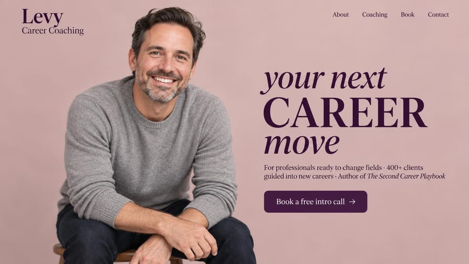 Coaching website design, career change in oversized type: dusty pink page, an oversized plum serif headline mixing italics and capitals, a coach in a gray sweater