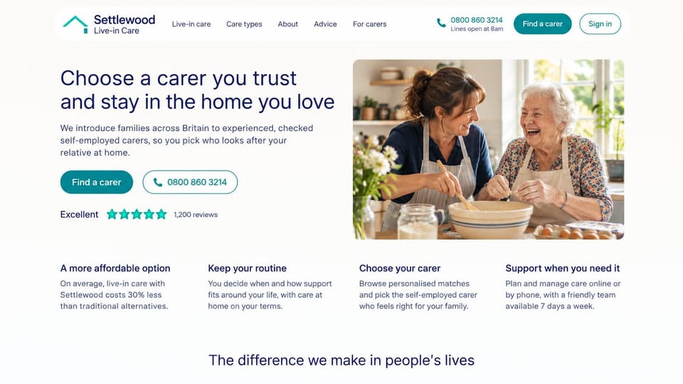 Home care website design, live-in care where families choose the carer: white page, a navy headline, teal buttons and a star rating beside a carer baking with a laughing older woman