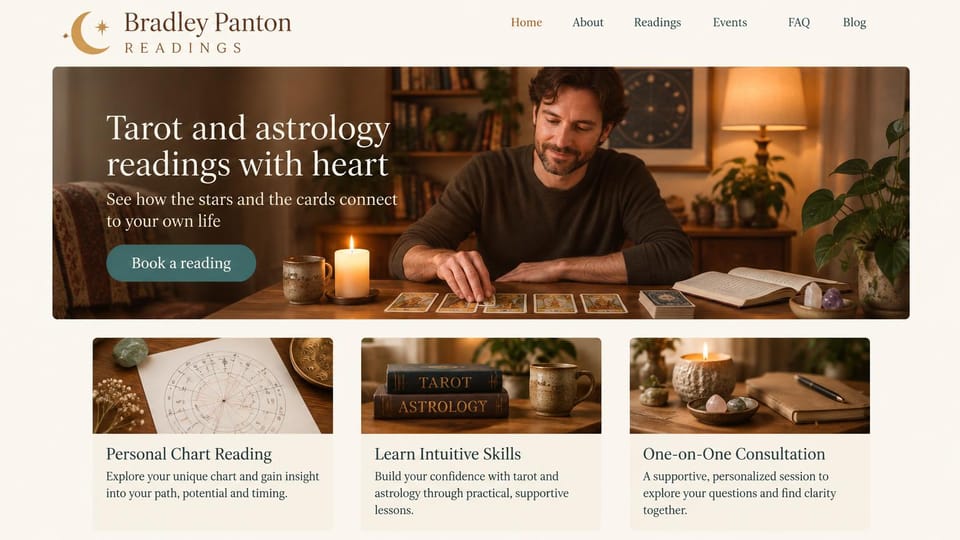 Astrology website design, tarot and astrology with three service cards: cream page, a rounded photo of a reader at a candlelit table with a teal button, and three photo cards for chart readings, lessons and consultations