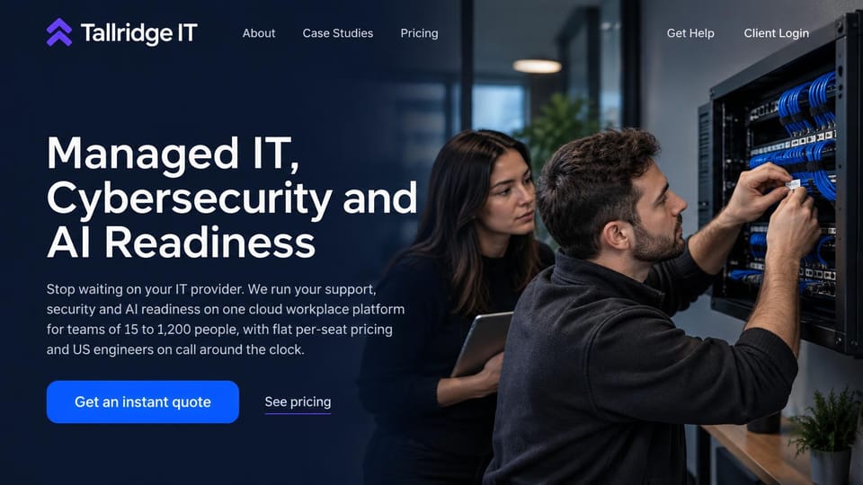 IT company website design, managed IT and AI readiness with an instant quote: dark navy page, large white headline, blue instant quote button and a pricing link, two technicians at a wall-mounted rack with a tablet