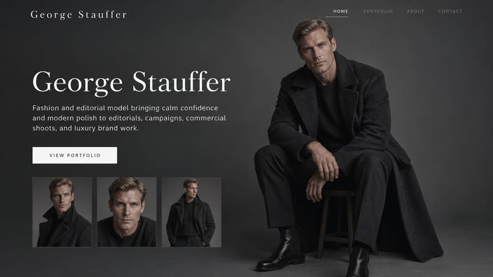Model portfolio website design, male editorial model in a long coat on charcoal: charcoal page, a large white serif name, an outlined portfolio button, three small portraits and a man with ash brown hair in a long dark coat seated on a stool