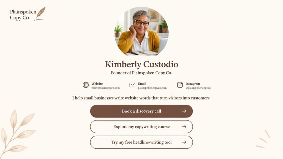 Personal website design, copywriter's link page: cream page, a circular portrait above a brown serif name, contact links and three stacked brown buttons