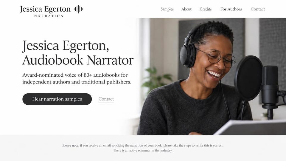 Actor website design, audiobook narrator with a page for authors: white page, a black serif headline, a dark pill button and a laughing woman in glasses and headphones at a studio microphone, a gray notice strip below