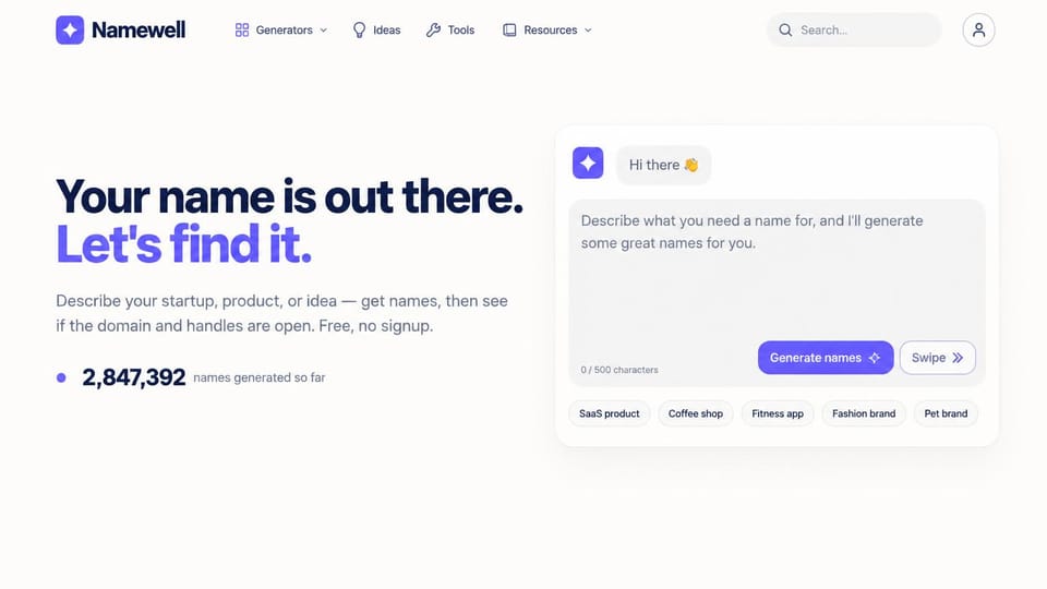AI startup website design, aI name generator with the tool in the hero: white page, black and purple headline, a running count and a name generator box with sample chips
