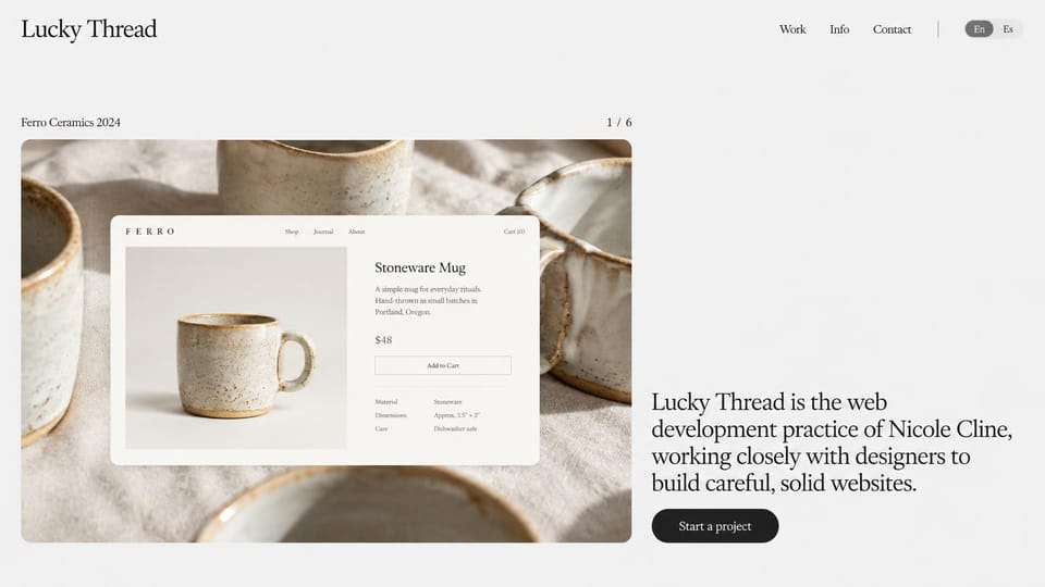 Portfolio website design, web developer with a project slideshow: warm white page, a photo of stoneware mugs with a shop page mockup, a serif statement and a black button