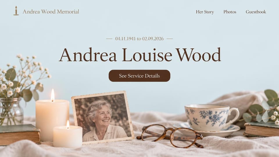 Memorial website design, gentle tribute with a candlelit still life: pale blue page, a centered brown serif name above a still life of candles, a framed photo, glasses and a teacup