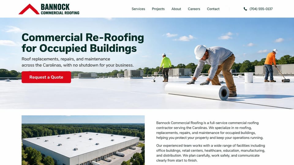 Roofing website design, commercial re-roofing for occupied buildings: white header, a bright white flat roof under blue sky with a crew rolling out membrane, a dark green headline, a red quote button, an aerial warehouse photo below