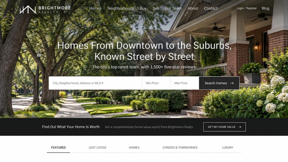 Real estate website design, brokerage with home search and home value: a leafy suburban street behind a white headline and search bar, a dark home value strip and tabs below