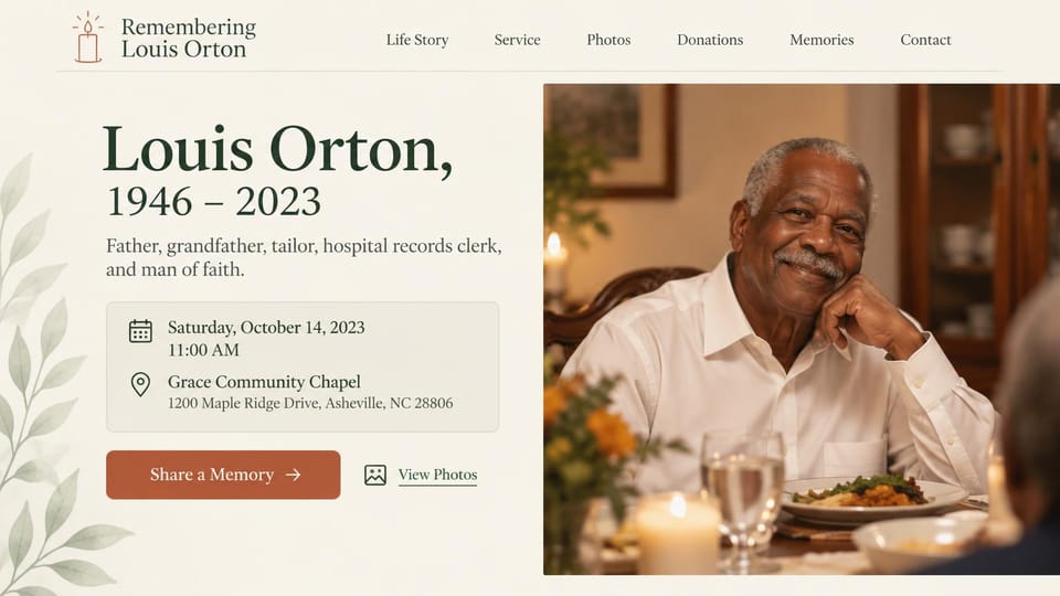 Memorial website design, memorial for a father and grandfather with a service card: cream page with soft leaves, a dark green serif name and dates, a service card and a rust memory button beside a photo of a smiling older man at a candlelit dinner table