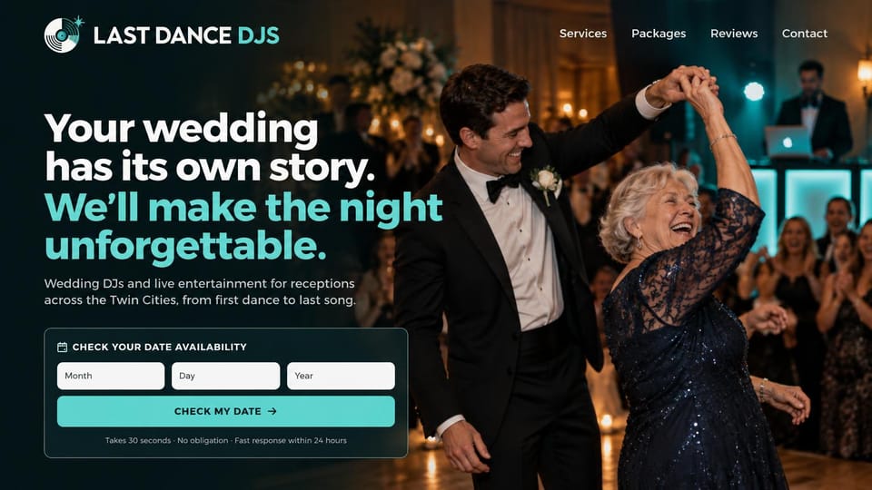 Musician website design, wedding DJ with a date checker: a couple dancing at a reception, a white and turquoise headline and a date check form