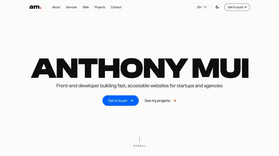 Portfolio website design, front-end developer, name only: white page, a huge bold black name centered above a short line and a blue get in touch button