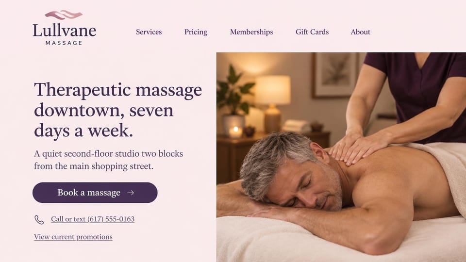 Massage therapist website design, downtown massage open seven days, in blush: blush page, a plum serif headline, a plum button and a photo of a therapist massaging an older man's shoulders