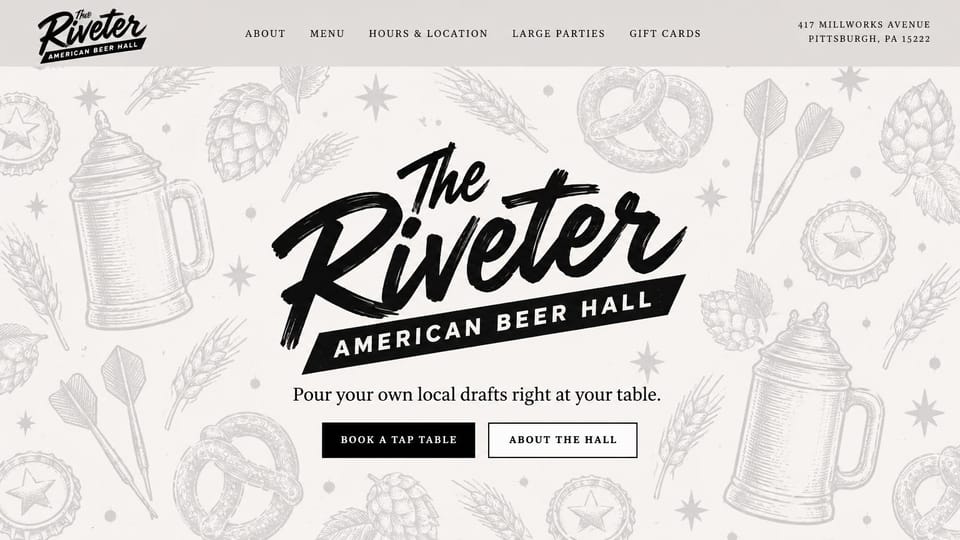 Restaurant website design, beer hall with a vintage pattern: cream page with gray hand-drawn mugs, hops and pretzels around a black script logo