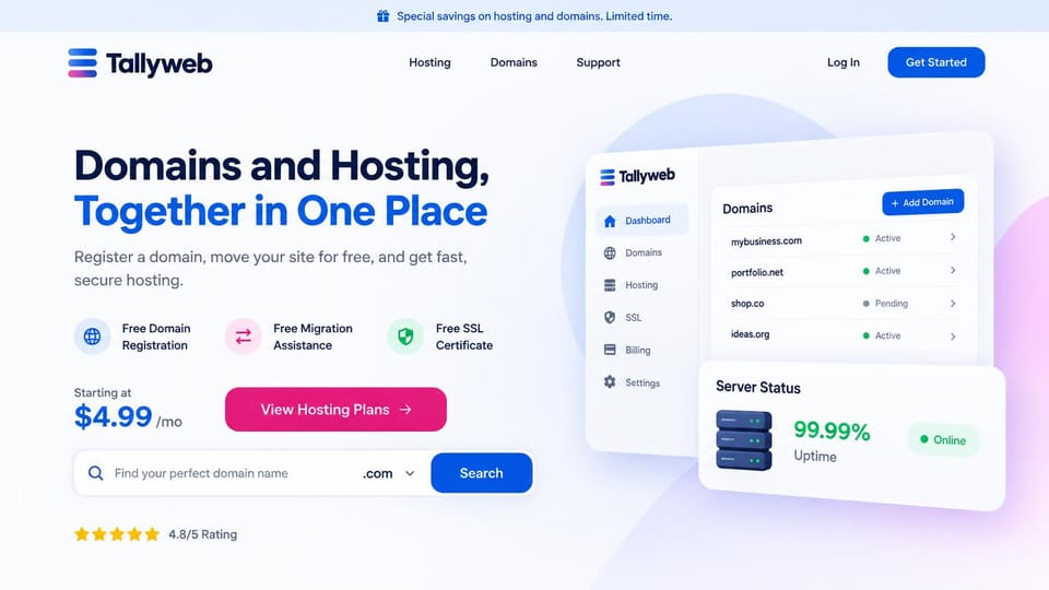Web hosting website design, domains and hosting with a dashboard preview: light lavender page, navy and blue headline, a pink plans button, a domain search bar and a floating dashboard with an uptime card