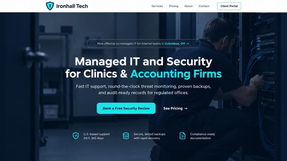 IT company website design, iT for clinics and accounting firms over a rack photo: white header, a dim blue photo of a technician at a server rack, centered white headline with cyan words, cyan security review button, three icon promises