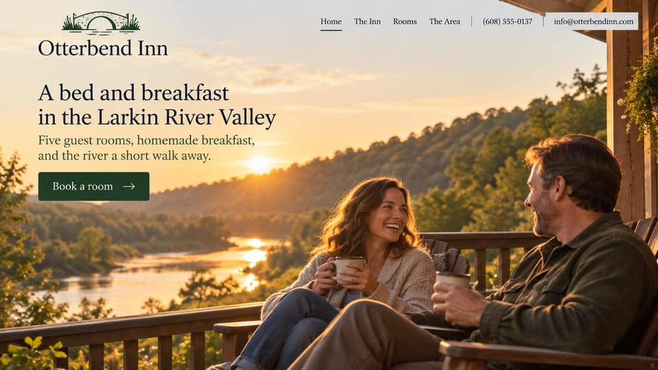 Bed and breakfast website design, river valley B&B with guests on the porch: sunset photo of a couple with mugs on a wooden porch above a river valley, a navy serif headline, a dark green book button, a bridge logo