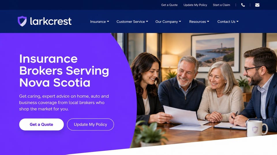 Insurance agency website design, insurance brokers with a bold color panel: navy header, vivid purple curved panel with a white headline, and two brokers meeting an older couple at a table
