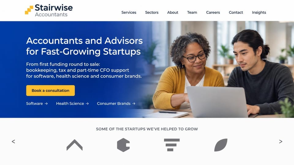 Accounting website design, startup accountants with a link for each sector: white header, a royal blue panel with a white headline, a yellow consultation button and three sector links fading into a photo of two people at a laptop, a row of gray symbols below