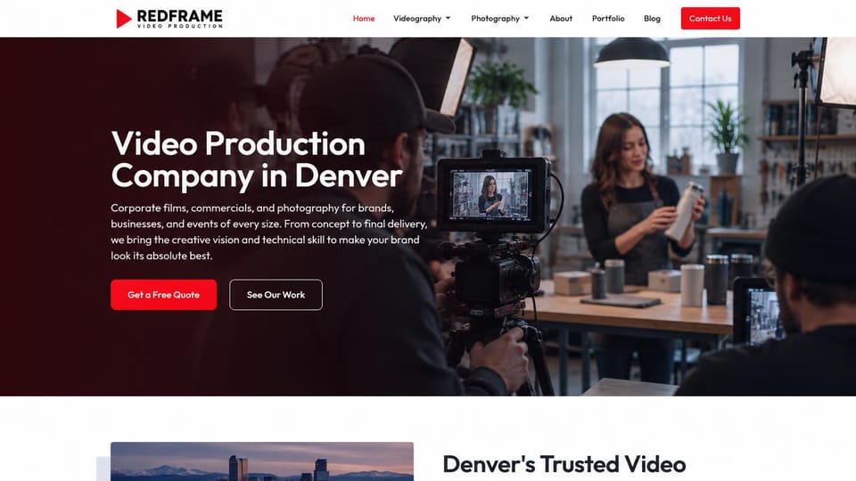 Agency website design, video production company behind the camera: deep red overlay on a camera filming a woman in a studio, a white headline and a red button