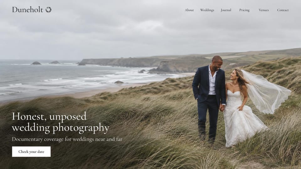 Wedding photographer website design, documentary wedding photographer in the dune grass: overcast sea and dunes with a laughing couple and a flying veil, a white serif headline in the lower left, a white button
