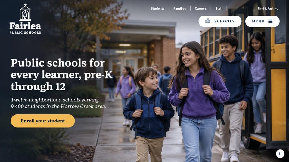 School website design, public schools with students stepping off the bus: dark photo of students walking from a yellow school bus, a bell tower logo, a white serif headline and a gold enroll button