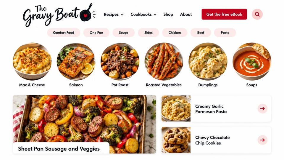 Blog website design, comfort food blog with dish categories: white page, a script logo, round photos of six dishes, pink category pills and a red button