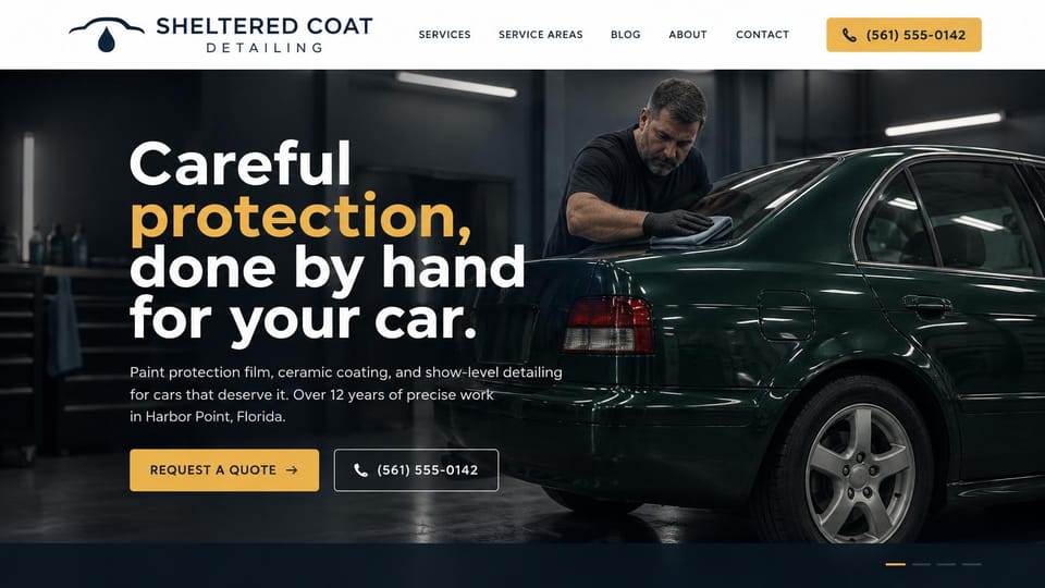 Car detailing website design, hand-finished paint protection in a dark workshop: white header with a gold phone button, a dark workshop photo of a detailer wiping a dark green sedan, a bold white and gold headline, gold and outlined buttons