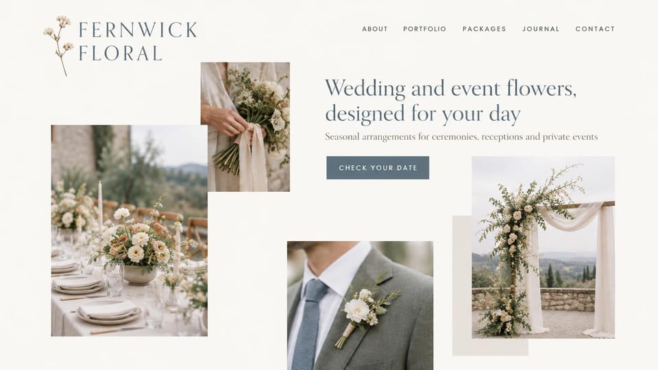 Florist website design, wedding florist with a scattered photo collage: light page, scattered photos of a bouquet, a table setting, a boutonniere and a ceremony arch, slate date button