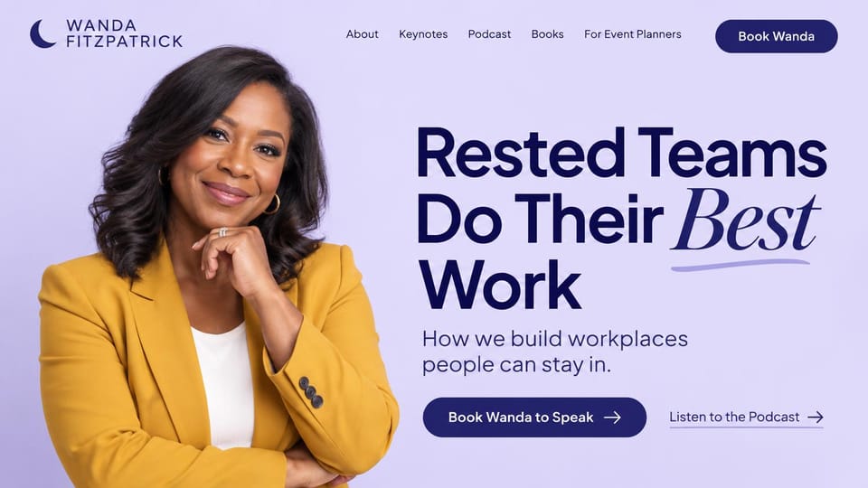 Speaker website design, wellbeing speaker with a podcast, in lavender: lavender page, a smiling woman in a mustard blazer resting her chin on her hand, large navy sans headline with an italic word, navy button