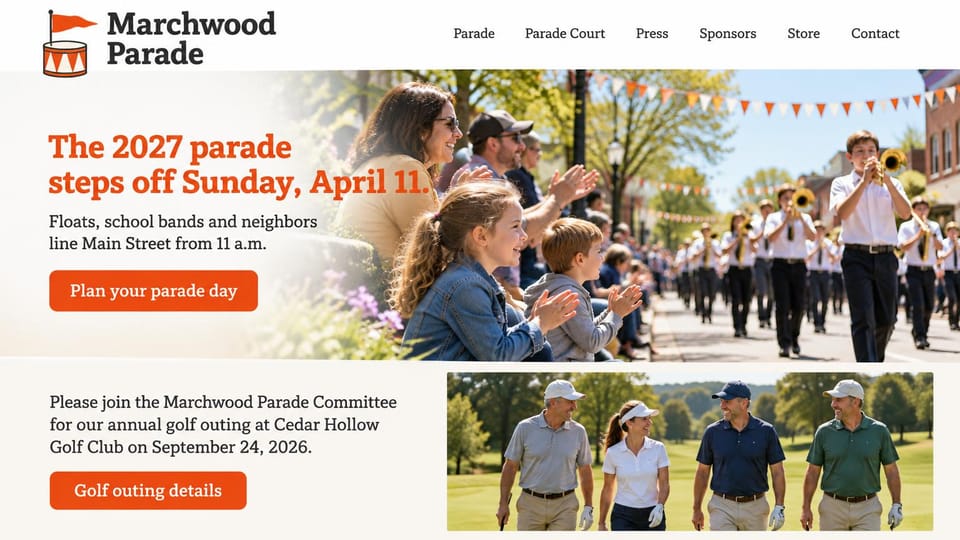 Event website design, parade committee site with a fundraiser: cream page, orange headline and button, families clapping as a marching band passes, golfers in a lower section