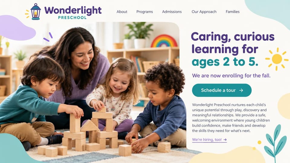 Daycare website design, preschool with pastel shapes and a block-building photo: cream page with lavender, teal and yellow blobs, a purple and teal headline, a teal tour button and a teacher building with wooden blocks with three children