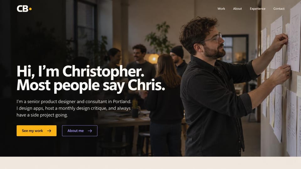 Resume website design, product designer pinning sketches in a dim studio: dim full-width photo of a bearded man in glasses pinning sketches to a wall with colleagues behind, a large white hello, a yellow work button and a purple outlined about button