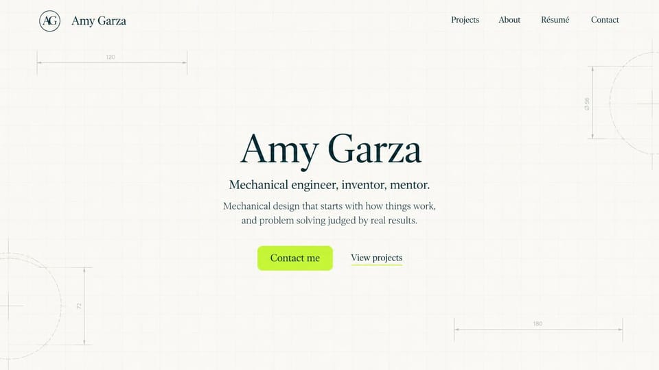 Engineering portfolio website design, mechanical engineer on drafting paper: ivory page with a faint drafting grid and dimension lines, a centered dark teal serif name and a lime contact button