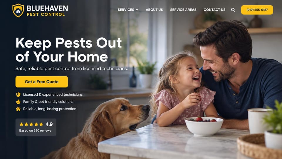 Pest control website design, family and pet friendly treatments at home: navy overlay on a kitchen photo of a father, a laughing girl and a golden retriever, a white headline, a yellow quote button and a rating card