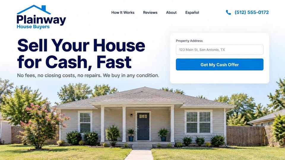 Real estate investor website design, cash home buyer with a bright house and an address box: white page, a navy logo and heavy navy headline, a white address card with a blue button, a gray single-story house on a sunny lawn
