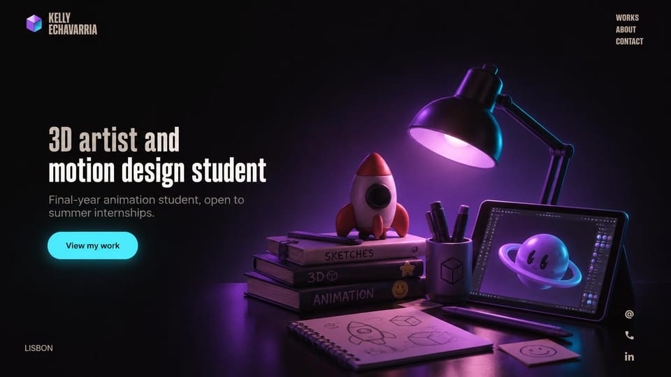 Resume website design, 3D and motion design student open to internships: black page, bold cream condensed headline, cyan work button, purple-lit 3D desk with lamp, toy rocket, sketchbooks, tablet