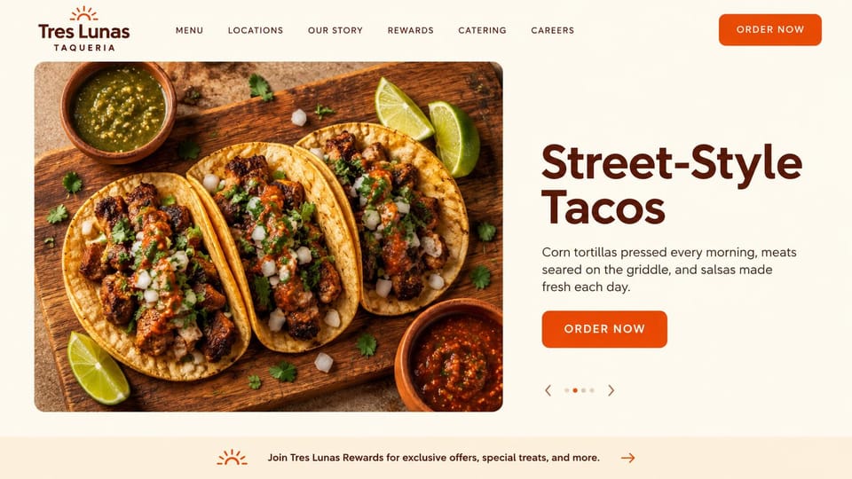Restaurant website design, taqueria with a bright order button: cream page, tacos on a board beside a bold brown headline and an orange order button