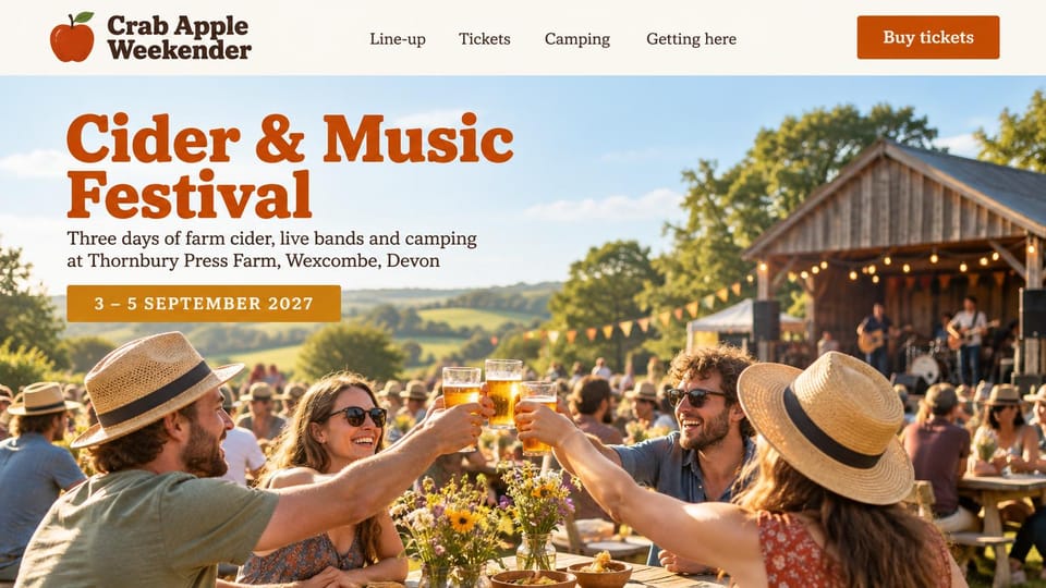 Event website design, farm cider and music weekend with camping: cream bar, large orange headline, orange date tag, festivalgoers raising cider glasses by a barn stage