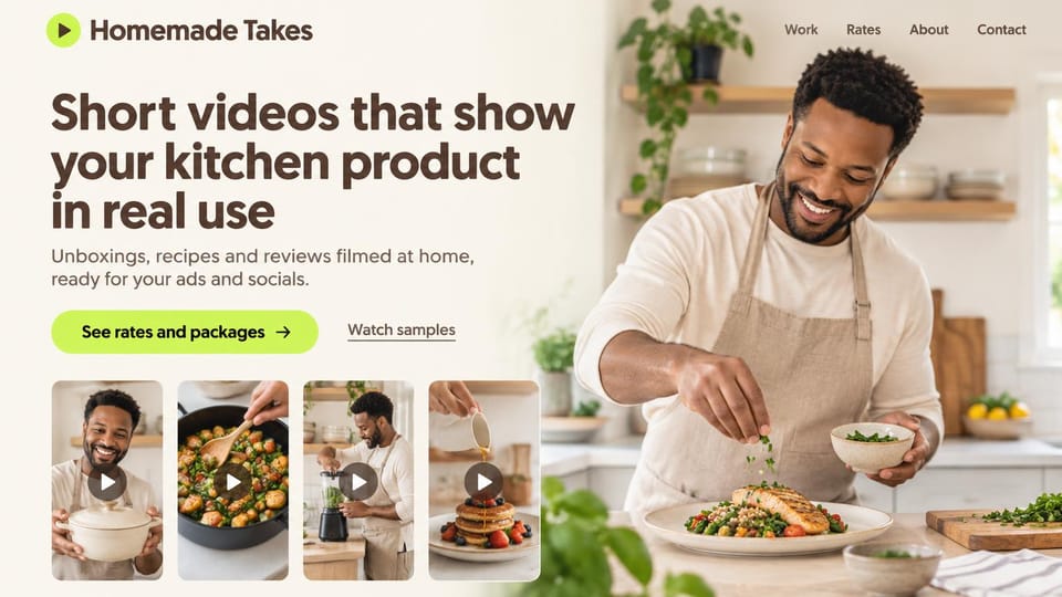 UGC portfolio website design, kitchen product videos with recipe clips: cream page fading into a kitchen photo, bold brown headline, lime button, a man garnishing salmon, four video thumbnails
