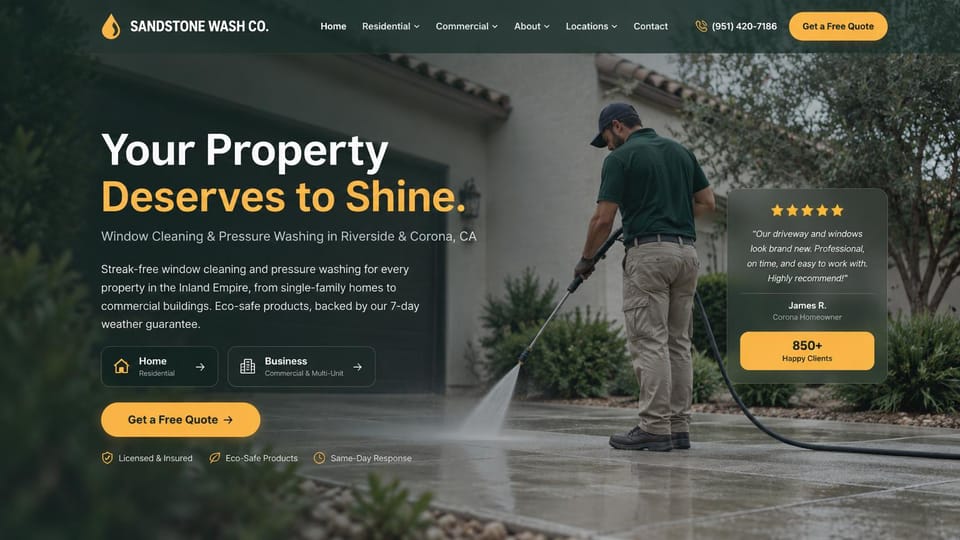 Pressure washing website design, windows and pressure washing in forest green: dark forest green overlay on a photo of a worker washing a paved patio, a white and golden yellow headline, home and business buttons, a review card on the right