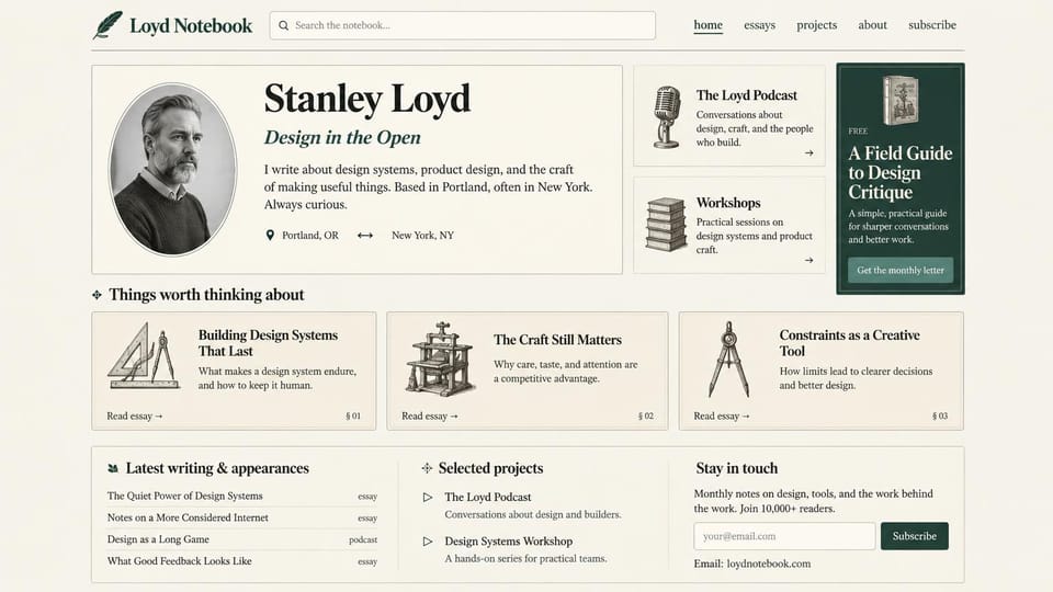 Blog website design, personal notebook with engraved icons: cream and deep green, an oval engraved portrait, sketch-style tool icons and a signup box
