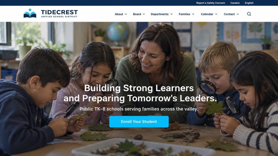 School website design, elementary district with a hands-on nature lesson: white header with a blue logo, children studying leaves with magnifying glasses, a centered white headline and a cyan button
